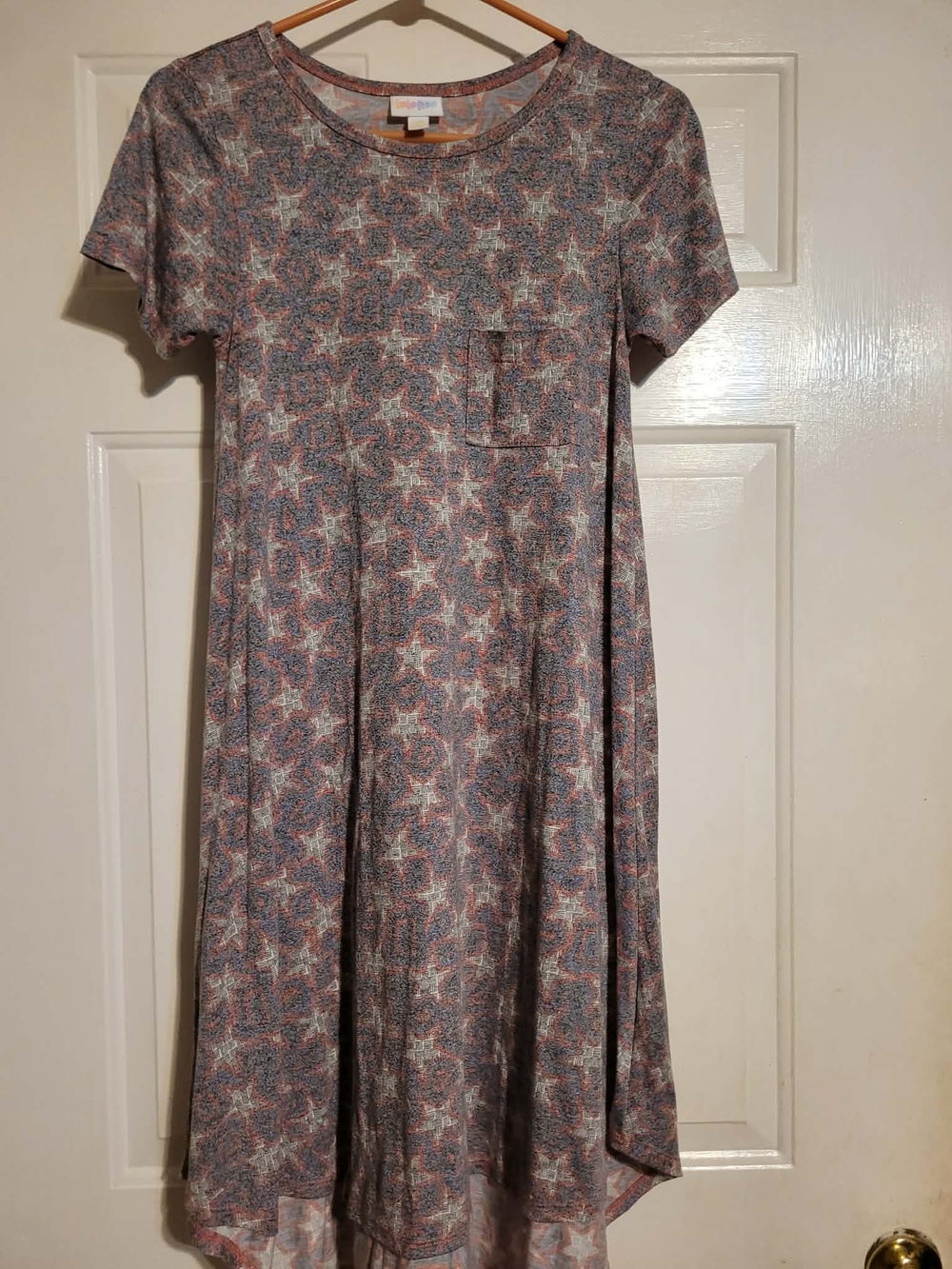 LuLaRoe Short Sleeve Star-Pattern Midi Dress in Blue and Pink